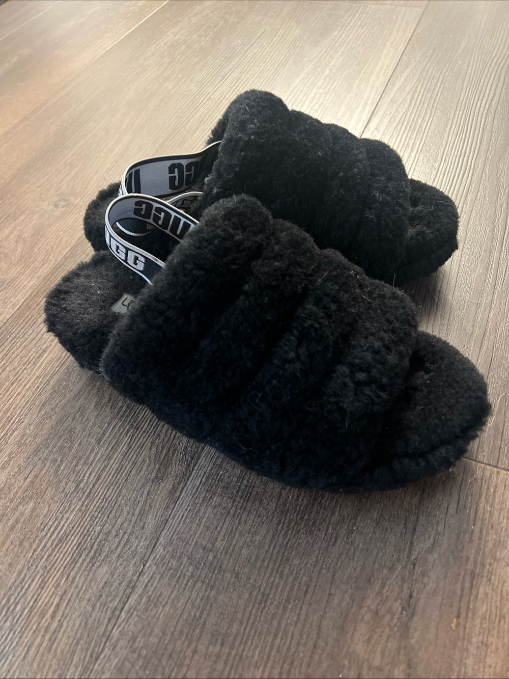 UGG Black Shearling Slide Sandals with Branded Heel Strap